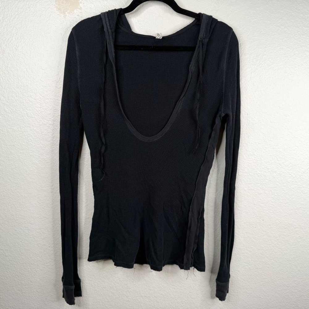 Y2K 90's Grunge Thermal Waffle Deep V Hoodie Top Gray Sz M